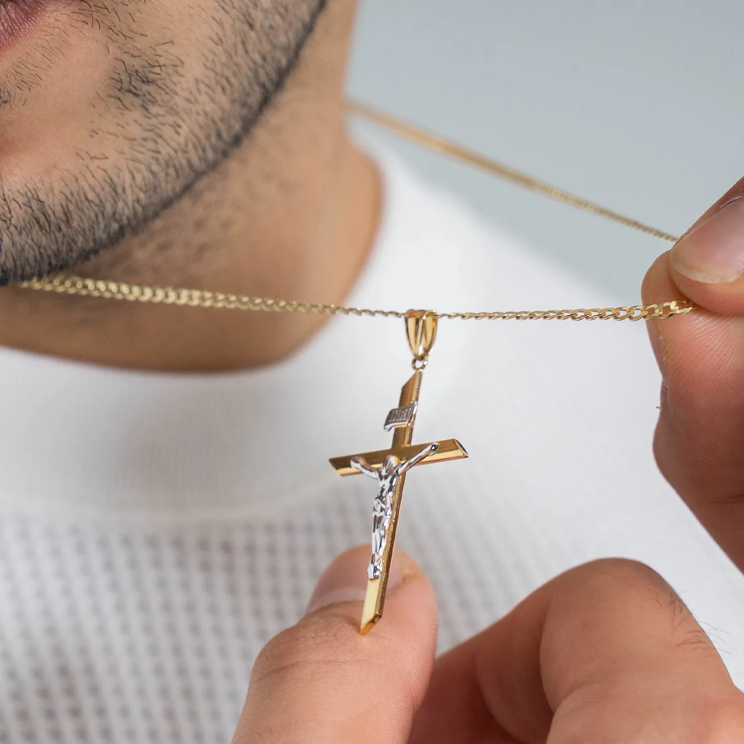 14K Two-Tone Gold Passion Cross with Jesus Christ Crucifix Pendant with Cable, Curb, or Figaro Chain Necklace