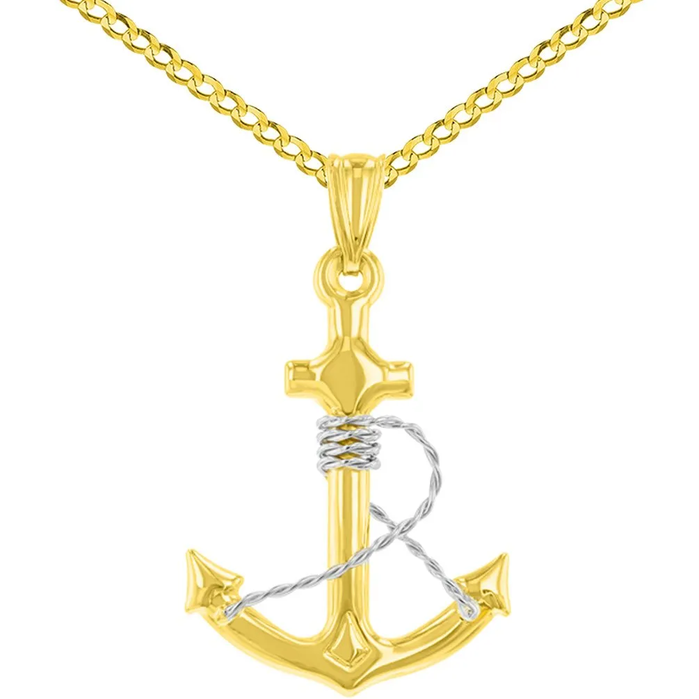 14k Two-Tone Gold Polished 3D Anchor with Rope Pendant with Cuban Curb Chain Necklace