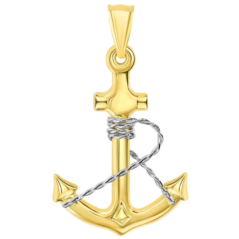 14k Two-Tone Gold Polished 3D Anchor with Rope Pendant with Cuban Curb Chain Necklace