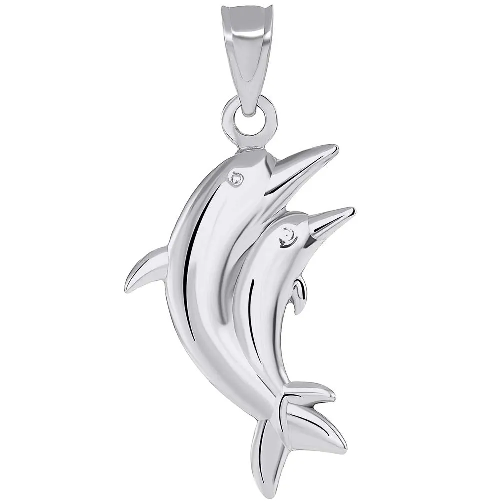 14k White Gold 3D Two Dolphins Jumping Together Vertical Pendant Necklace