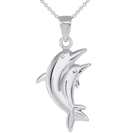 14k White Gold 3D Two Dolphins Jumping Together Vertical Pendant Necklace