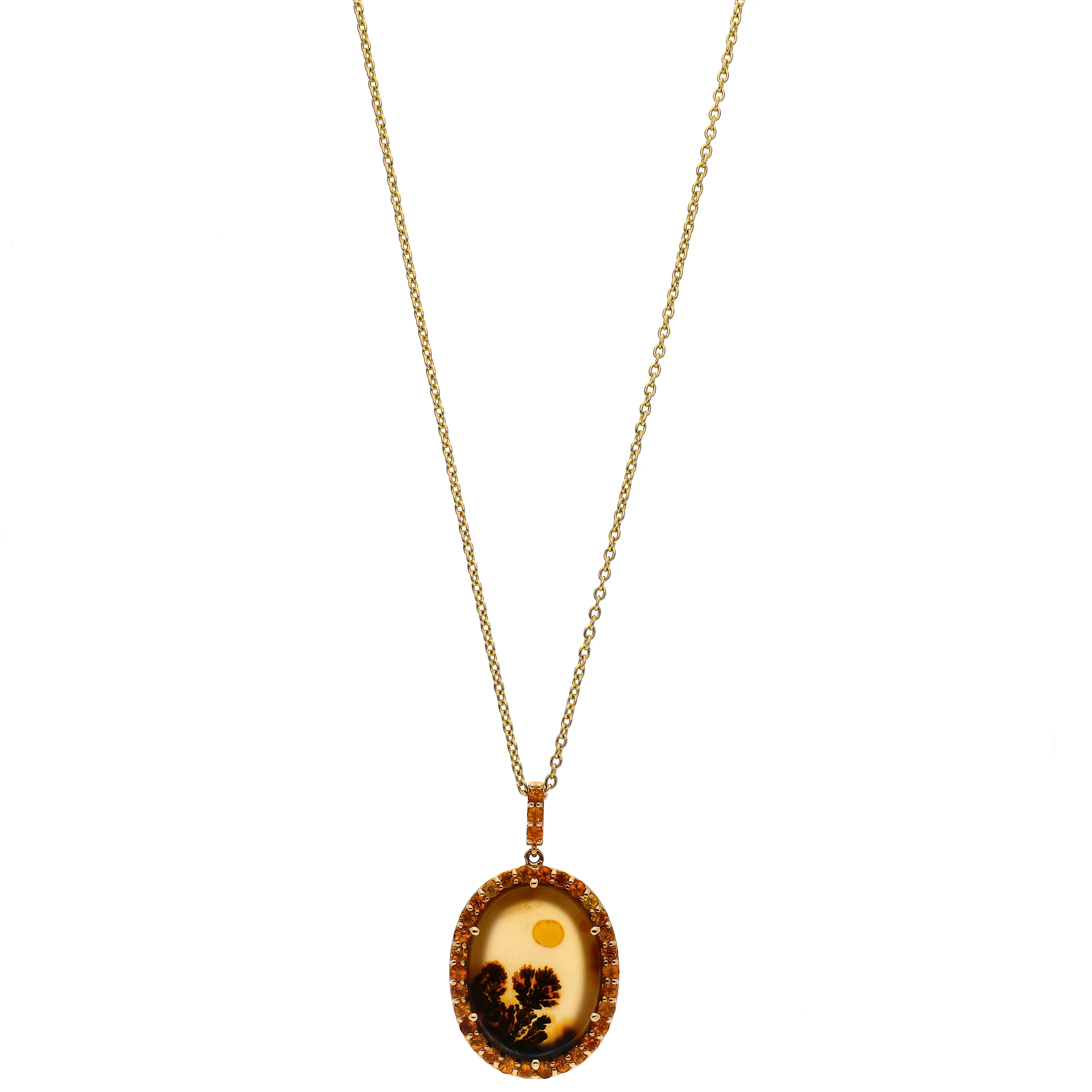 14K Yellow Gold Custom Design One-Of-A-Kind Oval Picture Agate w/ Orange Sapphire Accent 18" Necklace