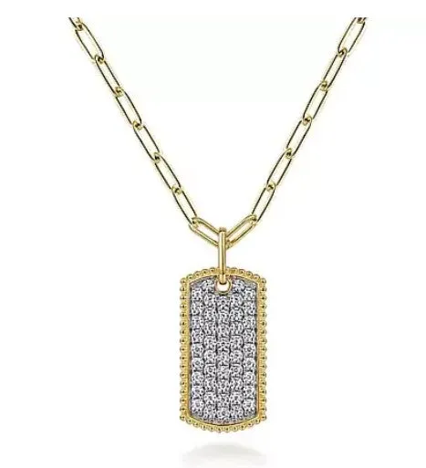 14K Yellow Gold Diamond Pavé Dog Tag Pendant Hollow Chain Necklace by Gabriel