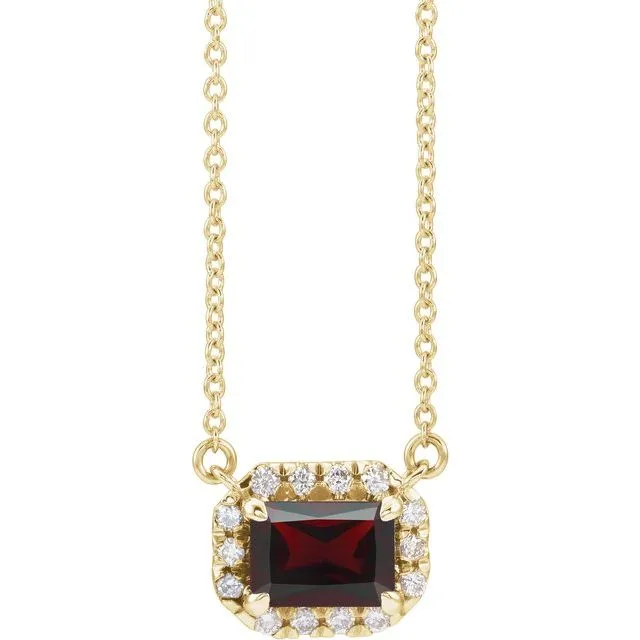 14KT GOLD 0.41 CT GARNET AND 1/8 CTW DIAMOND HALO NECKLACE