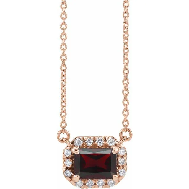 14KT GOLD 0.41 CT GARNET AND 1/8 CTW DIAMOND HALO NECKLACE