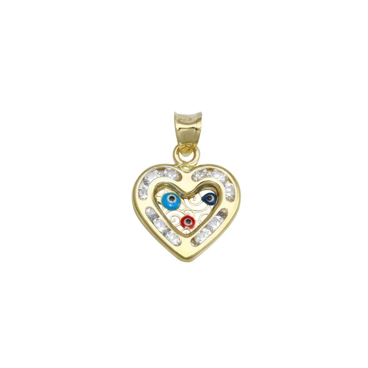 14P00016. - 14 Karat Yellow Gold CZ Heart Evil Eyes Pendant