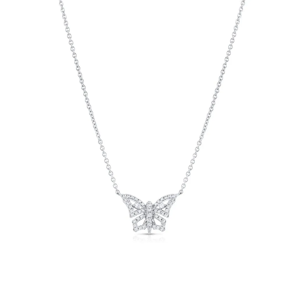 18K White Gold Diamond Butterfly Stationed Pendant Necklace