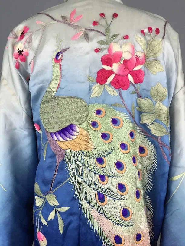 1910 - 1920 Antique Silk Kimono with Peacock Embroidery