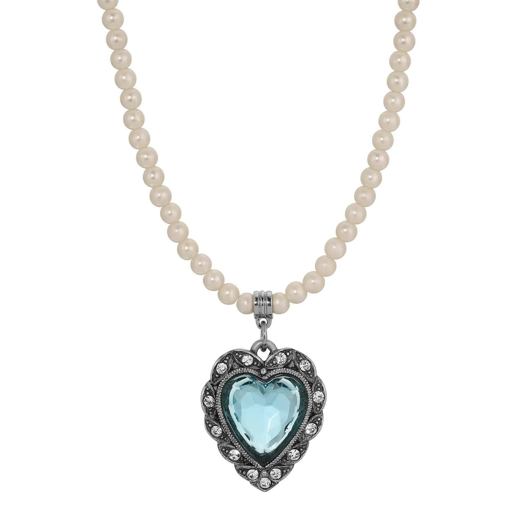 1928 Jewelry Antique Romance Faux Pearl Strand Heart Crystal Pendant Necklace 15"   3" Extension