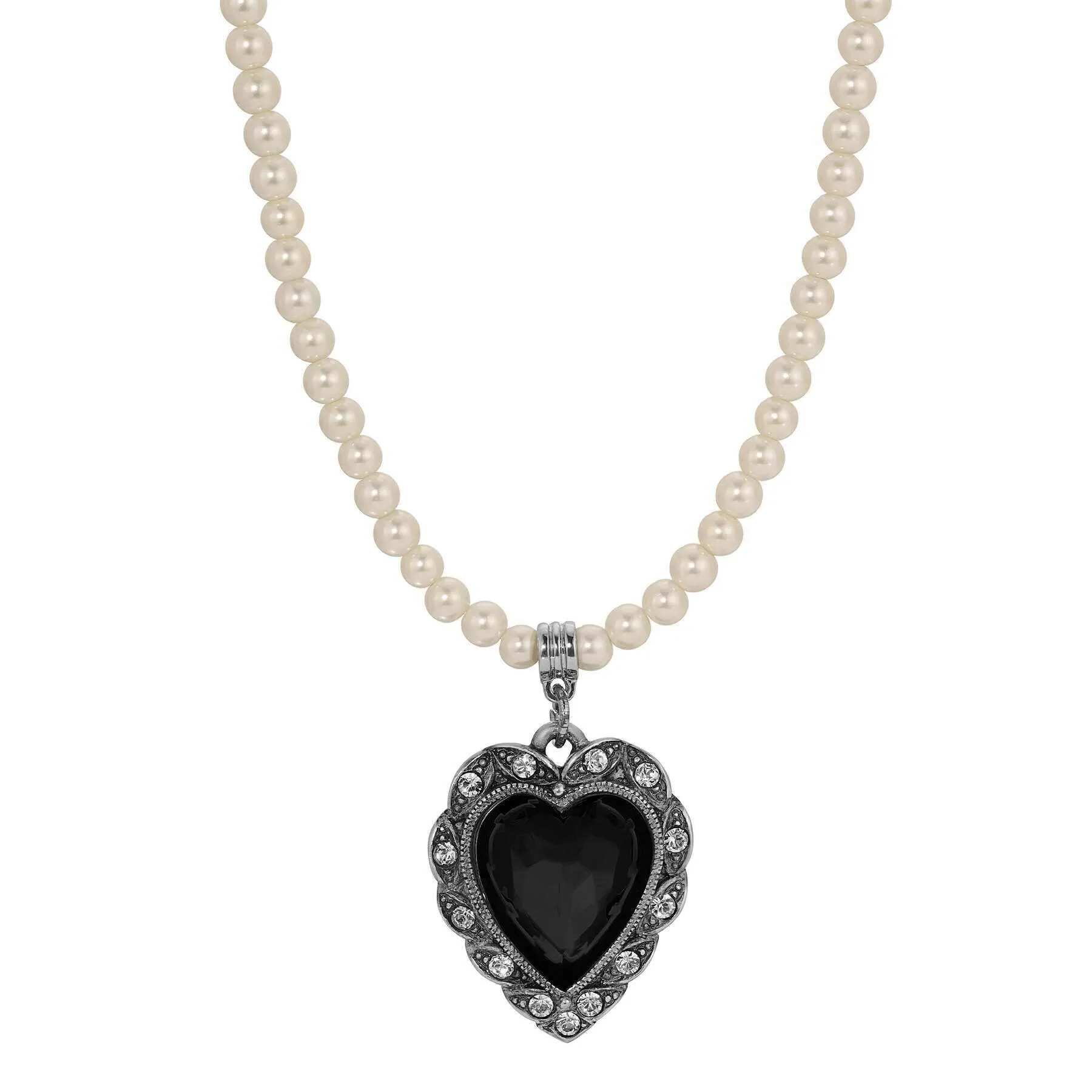 1928 Jewelry Antique Romance Faux Pearl Strand Heart Crystal Pendant Necklace 15"   3" Extension