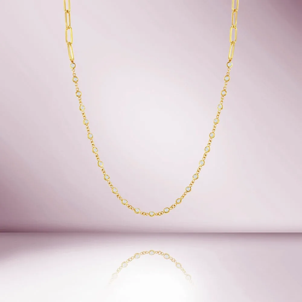 25 Stone Diamonds By The Yard Station Necklace & Half Paper Clip Chain (1.00 ct.) Bezel Set in 14K Gold