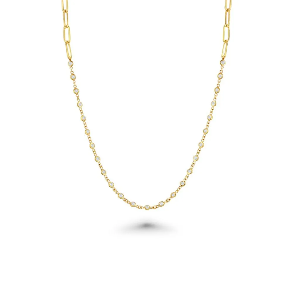 25 Stone Diamonds By The Yard Station Necklace & Half Paper Clip Chain (1.00 ct.) Bezel Set in 14K Gold