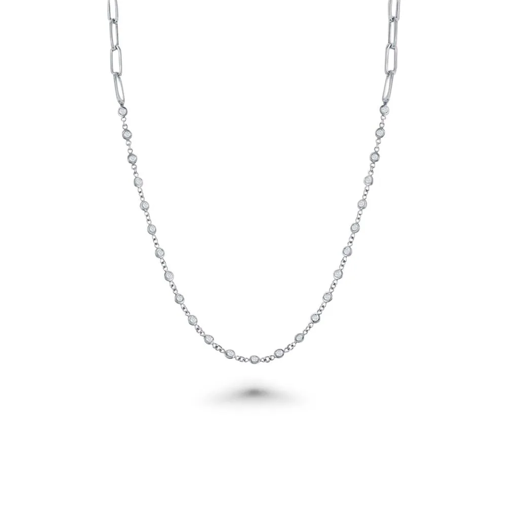 26 Stone Diamond by the Yard Station Necklace and Half Paper Clip Chain (1.03 ct.) Bezel Set in 14K Gold