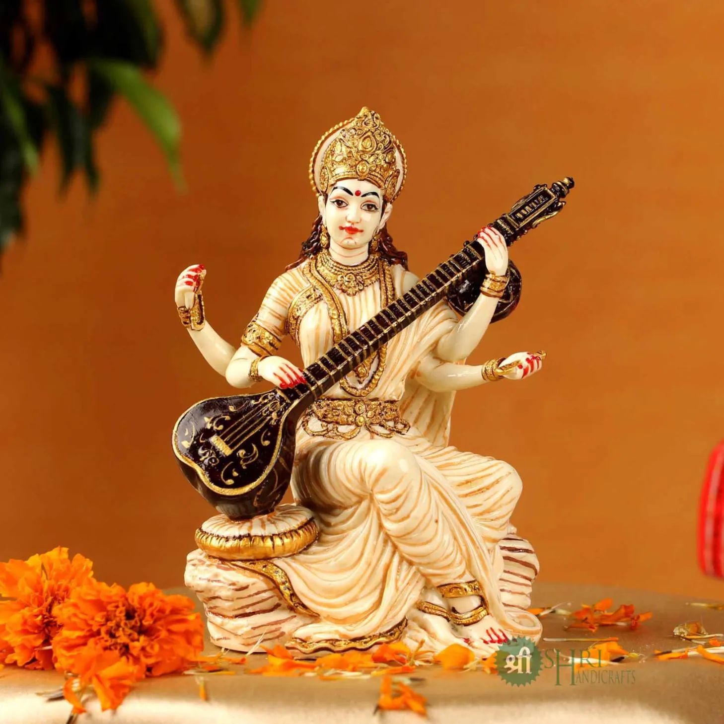 5" SARASWATI STATUE FINE GOLD HAND PAINTING