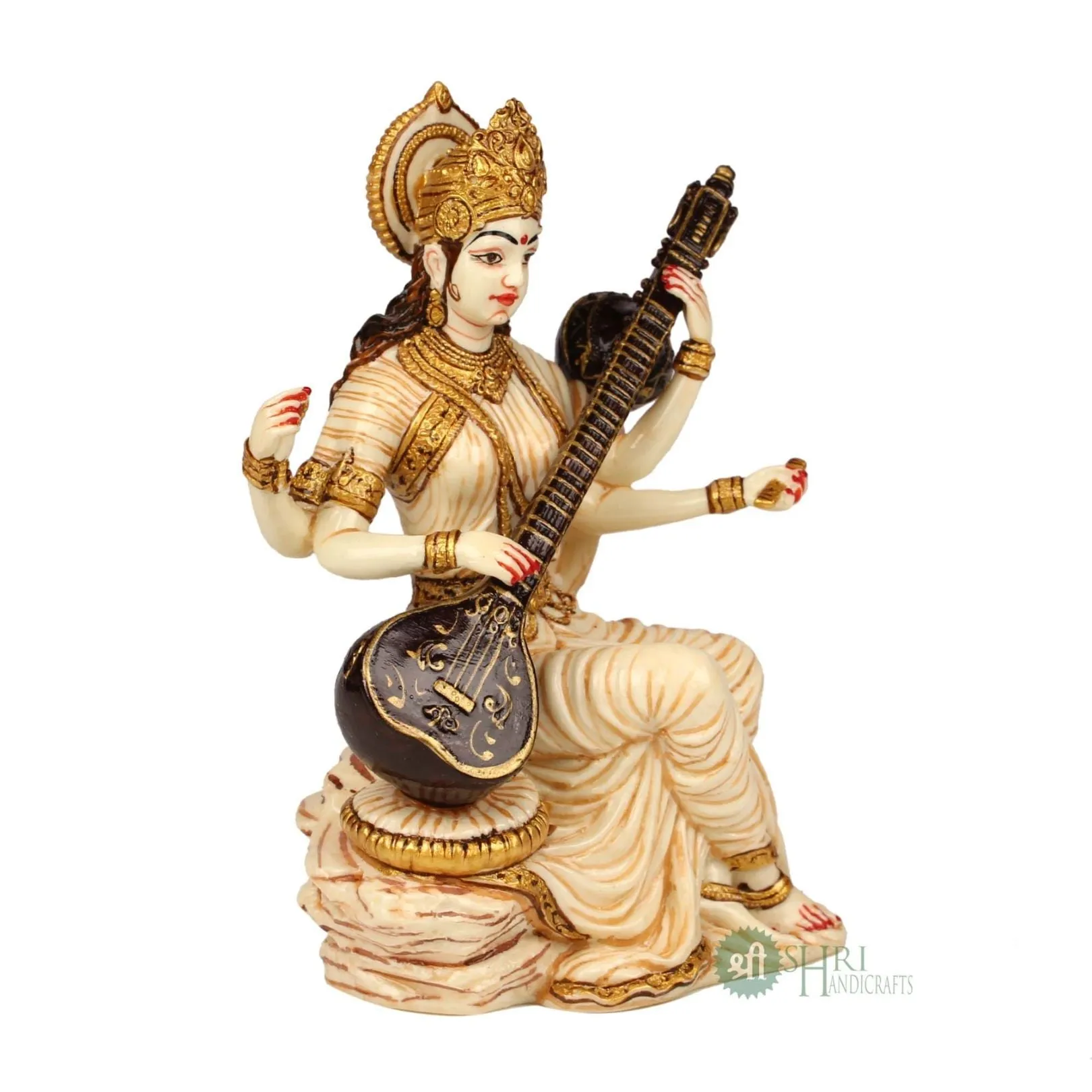 5" SARASWATI STATUE FINE GOLD HAND PAINTING