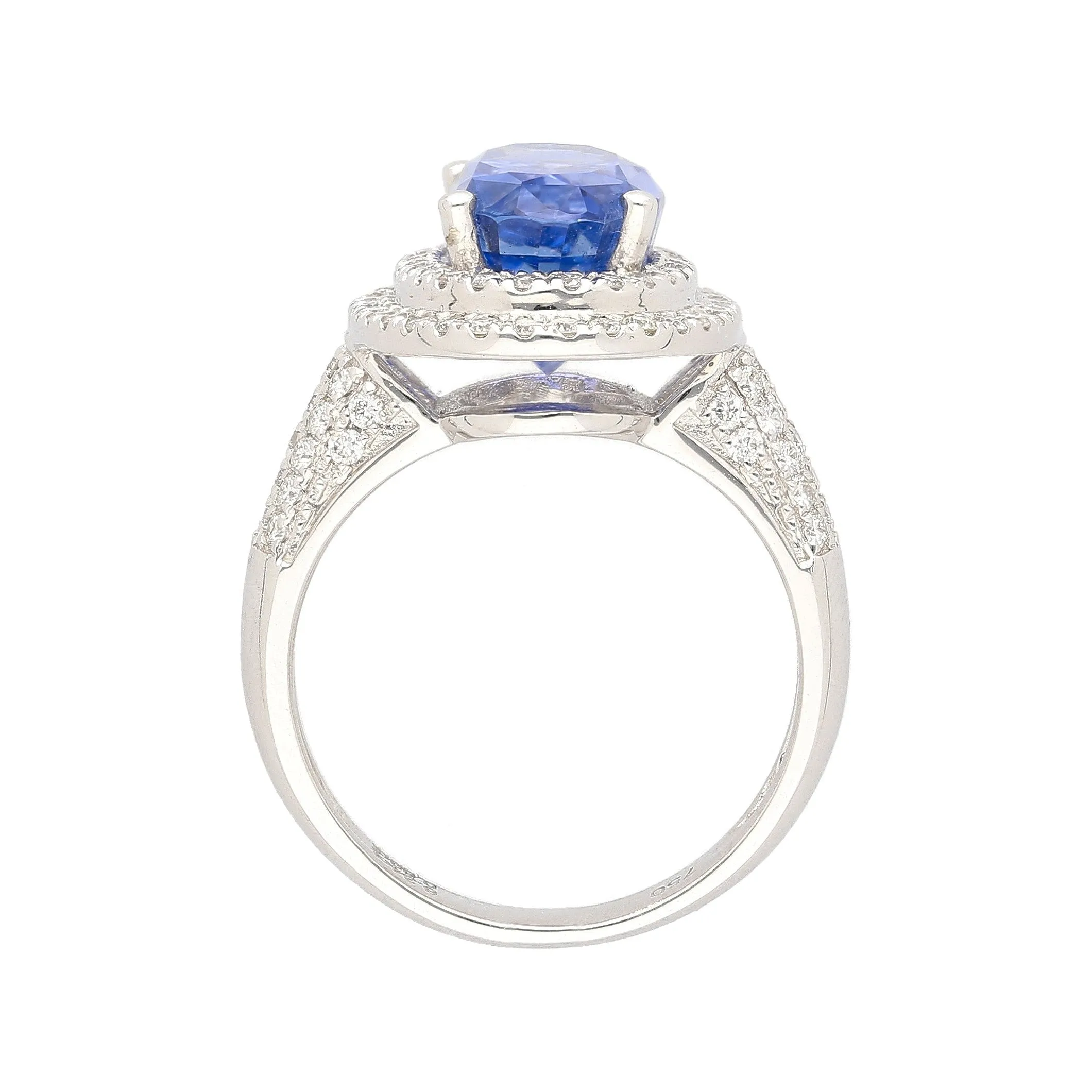 6.34 Carat No Heat Oval Cut Blue Sapphire and Diamond Halo 18K Ring GRS Certified