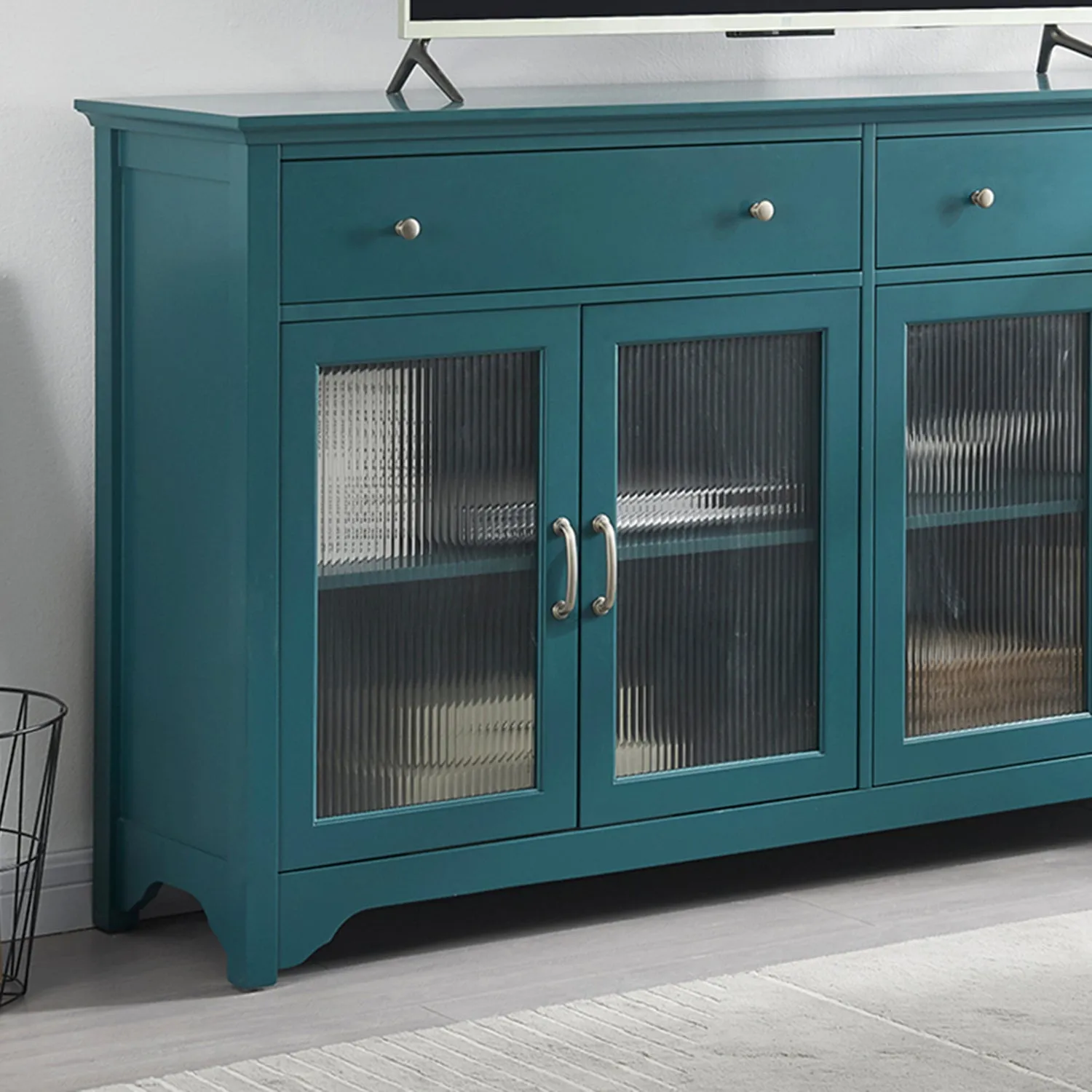 68” TV Console, Storage Buffet Cabinet, Sideboard with Glass Door and Adjustable Shelves, Console Table for Dining Living Room Cupboard, Teal Blue