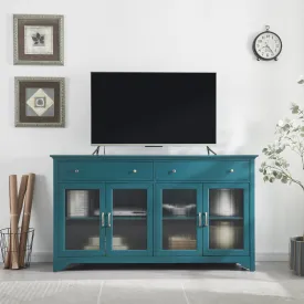 68” TV Console, Storage Buffet Cabinet, Sideboard with Glass Door and Adjustable Shelves, Console Table for Dining Living Room Cupboard, Teal Blue