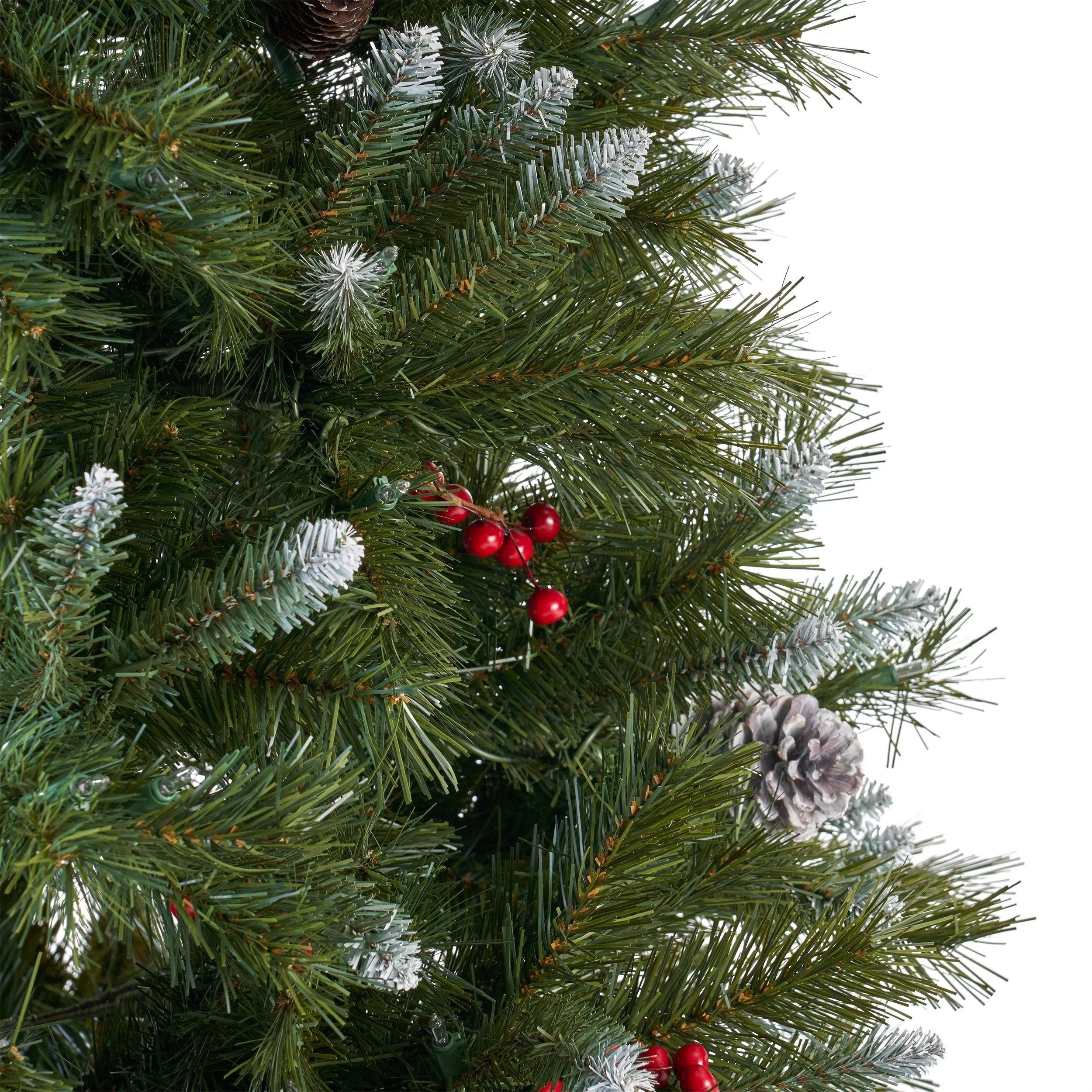 7-foot Mixed Spruce Hinged Artificial Christmas Tree with Frosted Branches, Red Berries, and Frosted Pinecones - NH753703