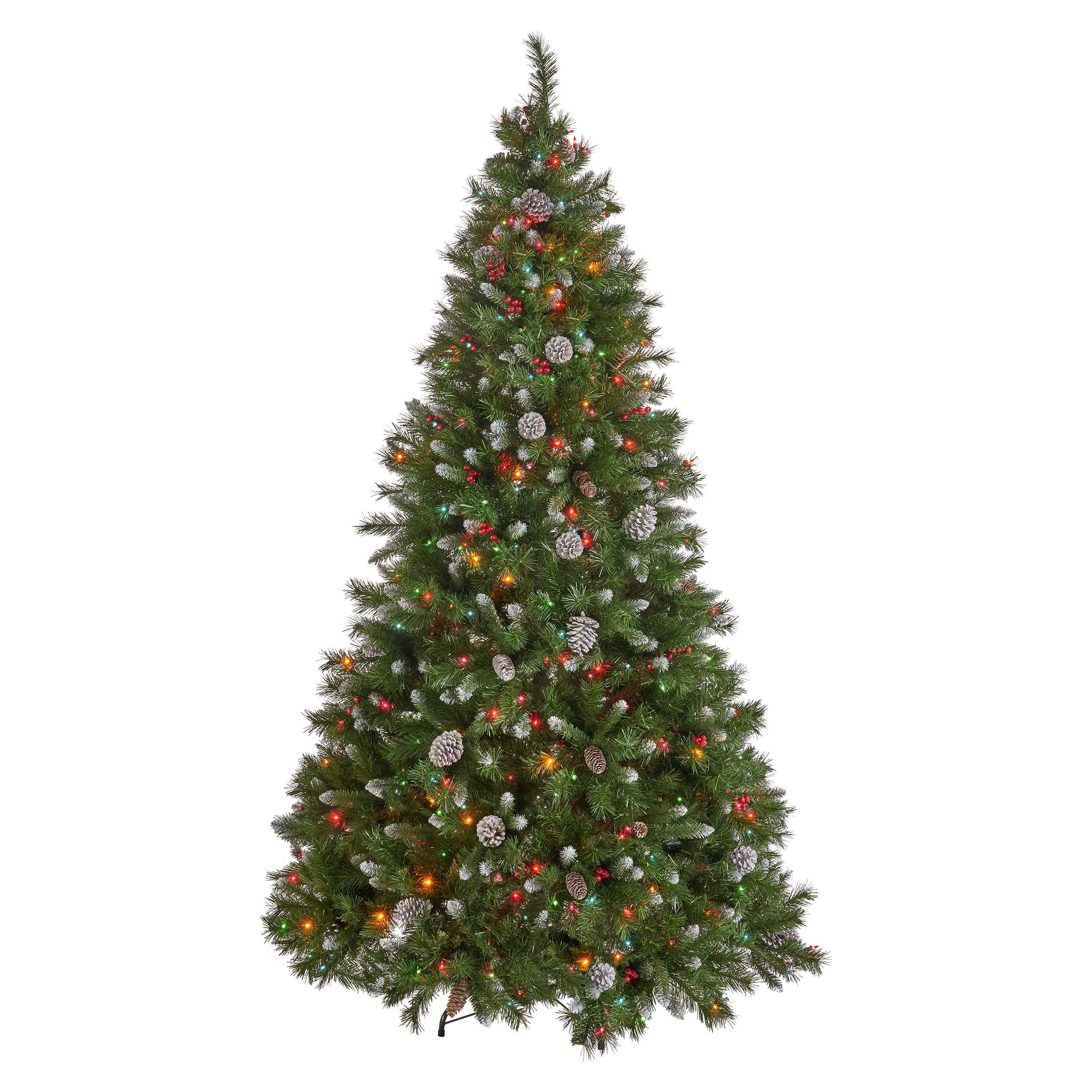 7-foot Mixed Spruce Hinged Artificial Christmas Tree with Frosted Branches, Red Berries, and Frosted Pinecones - NH753703