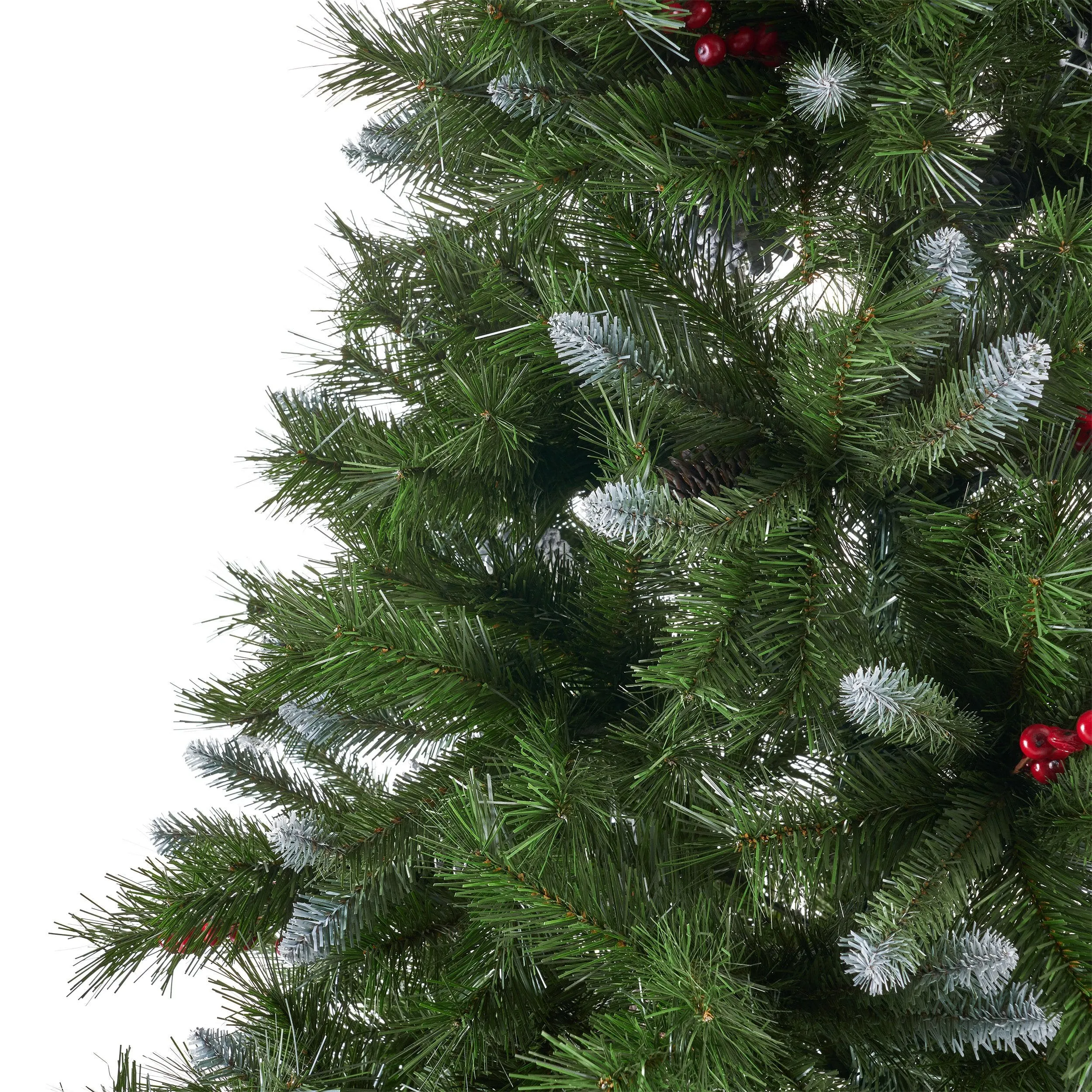 7-foot Mixed Spruce Hinged Artificial Christmas Tree with Frosted Branches, Red Berries, and Frosted Pinecones - NH753703