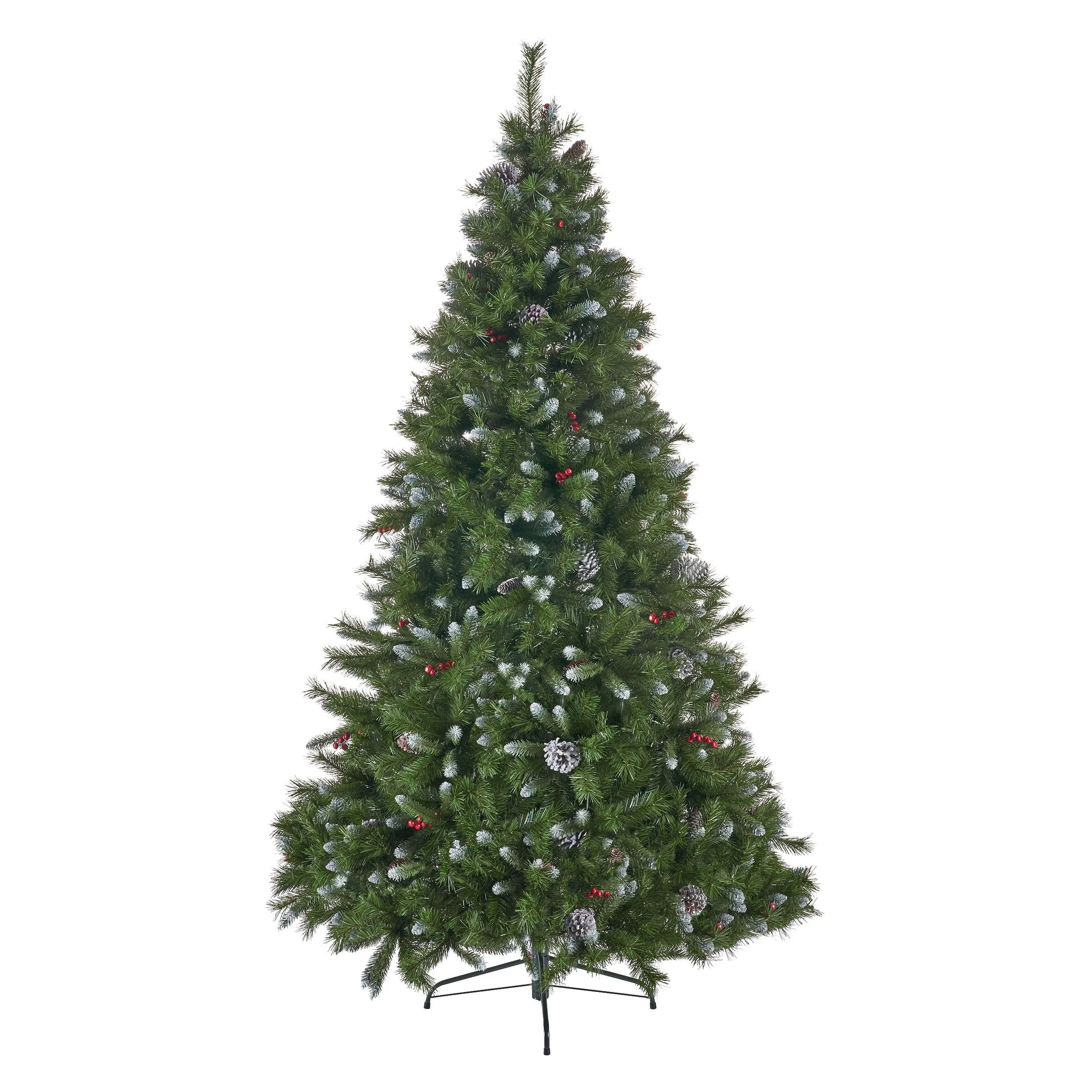 7-foot Mixed Spruce Hinged Artificial Christmas Tree with Frosted Branches, Red Berries, and Frosted Pinecones - NH753703