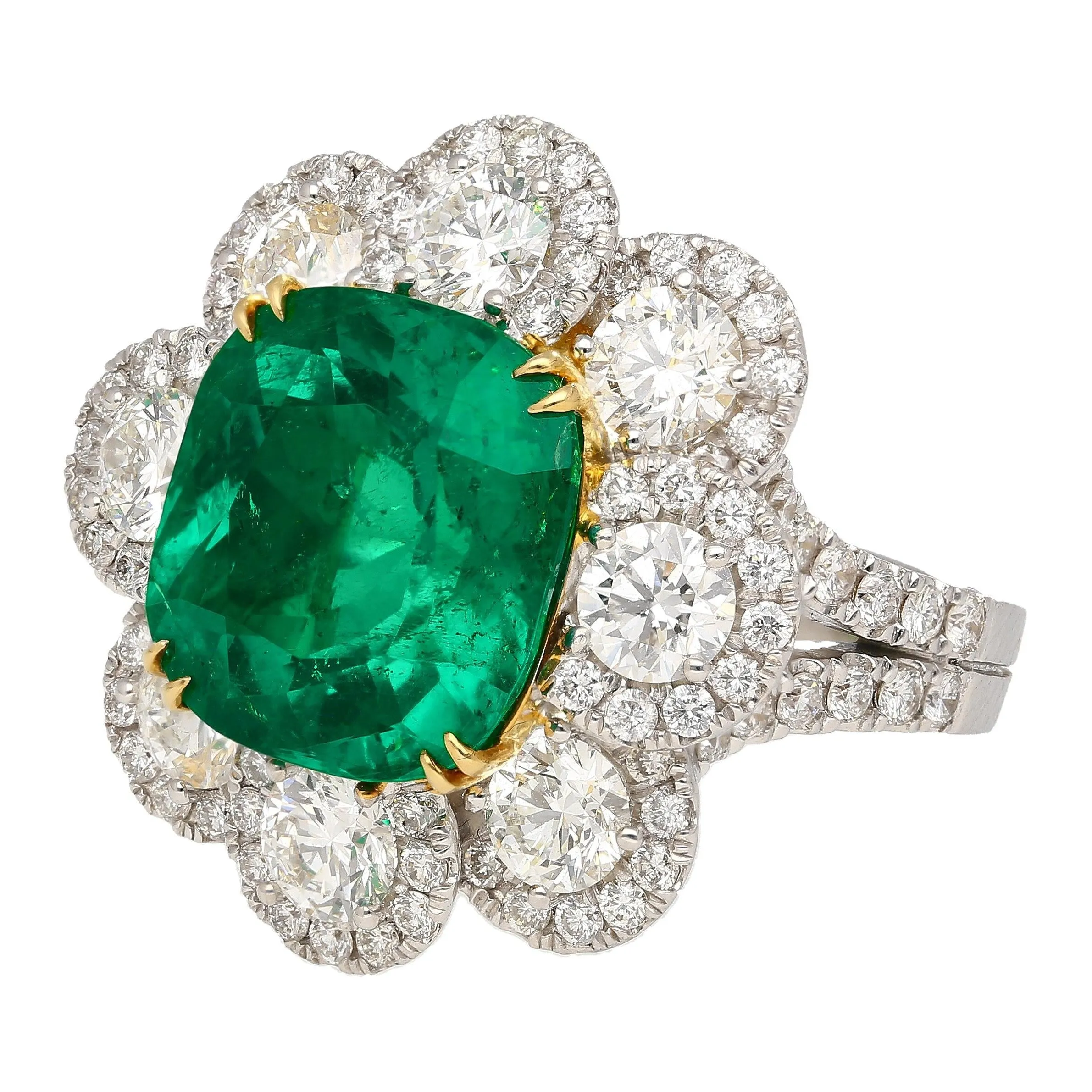 7.60 Carat Colombian Emerald GRS Certified Cushion Cut Minor Oil Diamond Ring