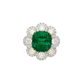 7.60 Carat Colombian Emerald GRS Certified Cushion Cut Minor Oil Diamond Ring