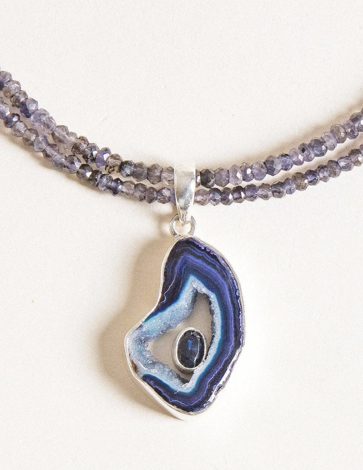 Agate Geode on Iolite Beaded Necklace - One of a Kind