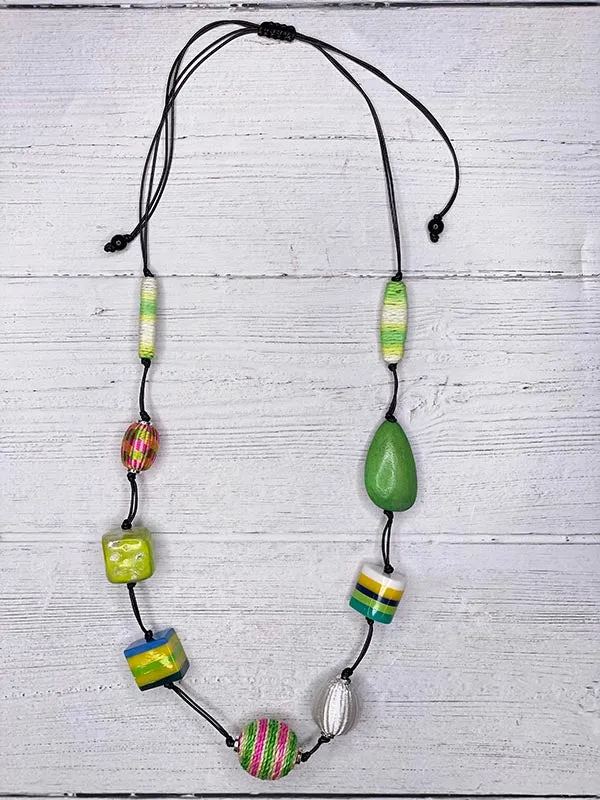 Alisha D Adjustable Cord Necklace Resin Wood and Thread Beaded