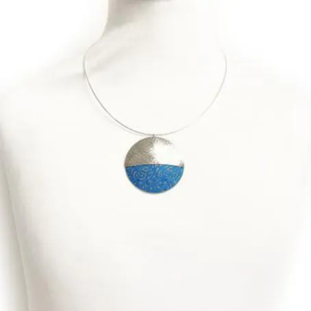 Aluminium and silver double disk pendant - petrol blue