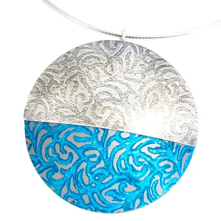 Aluminium and silver double disk pendant - petrol blue