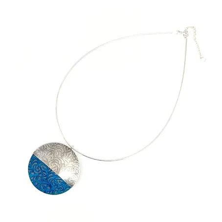 Aluminium and silver double disk pendant - petrol blue