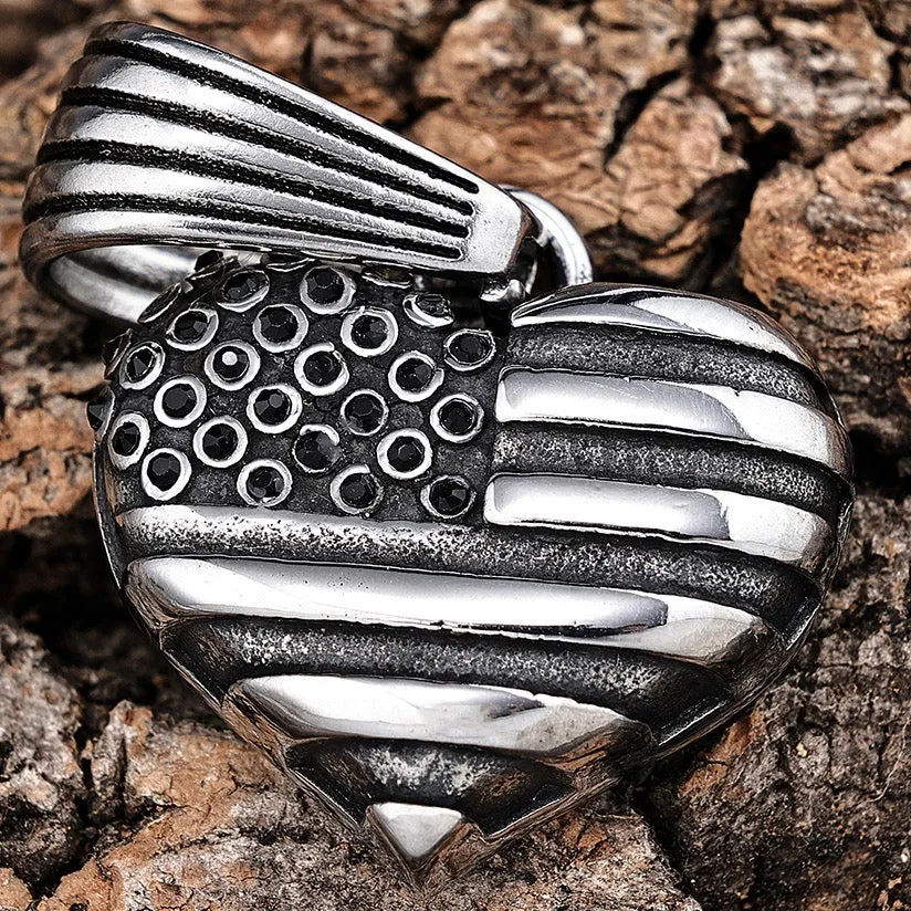 American Flag Heart - 3D Stainless - Pendant - Rope Necklace or Omega - 303