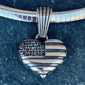 American Flag Heart - 3D Stainless - Pendant - Rope Necklace or Omega - 303