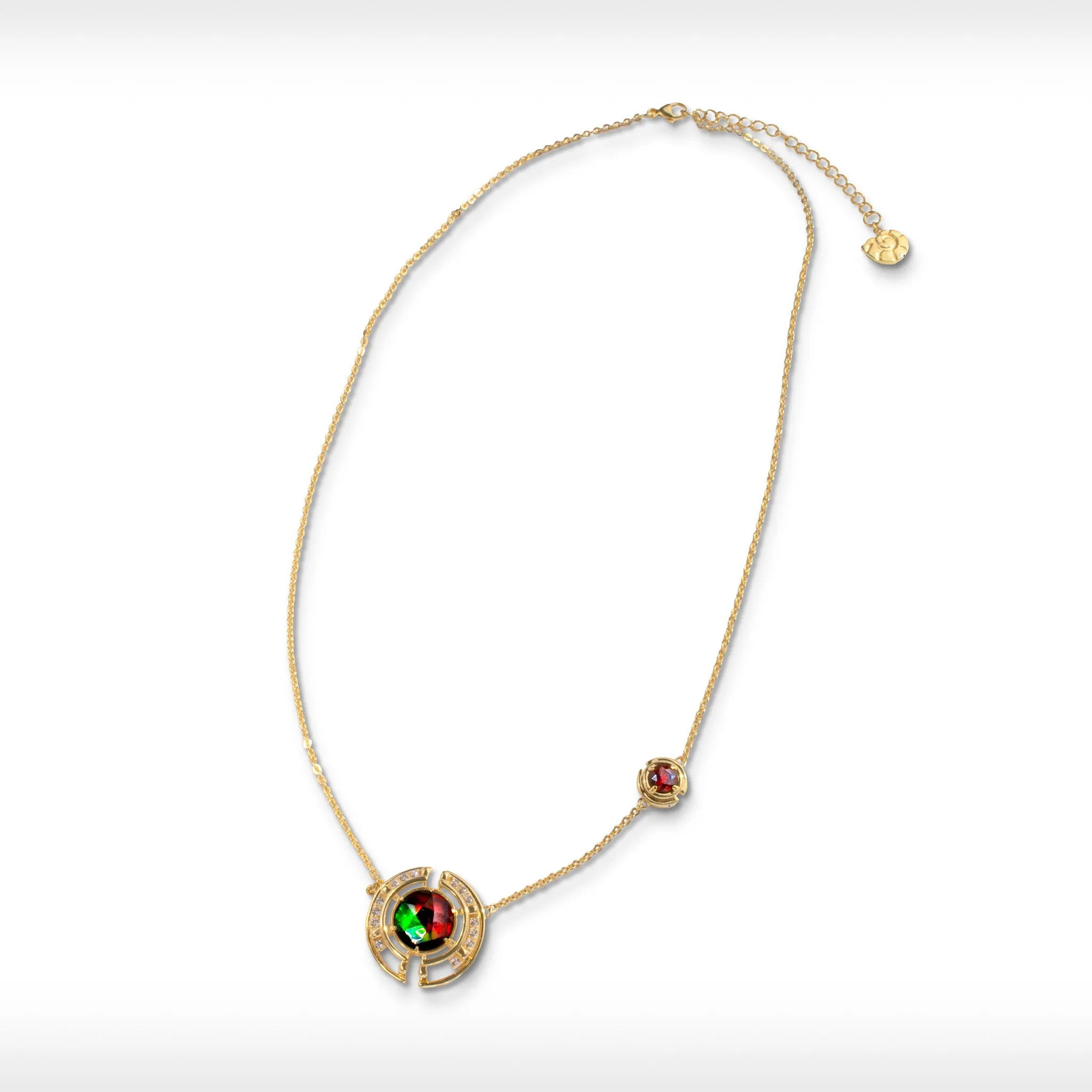 Ammolite Necklace 18k Gold Vermeil PROSPERITY Necklace with Garnet and White Topaz