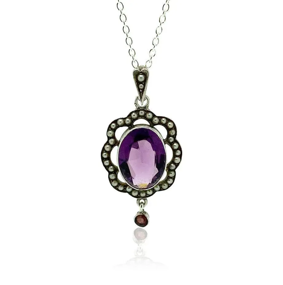 Antique Edwardian 1910 Amethyst Glass Sterling Silver Necklace