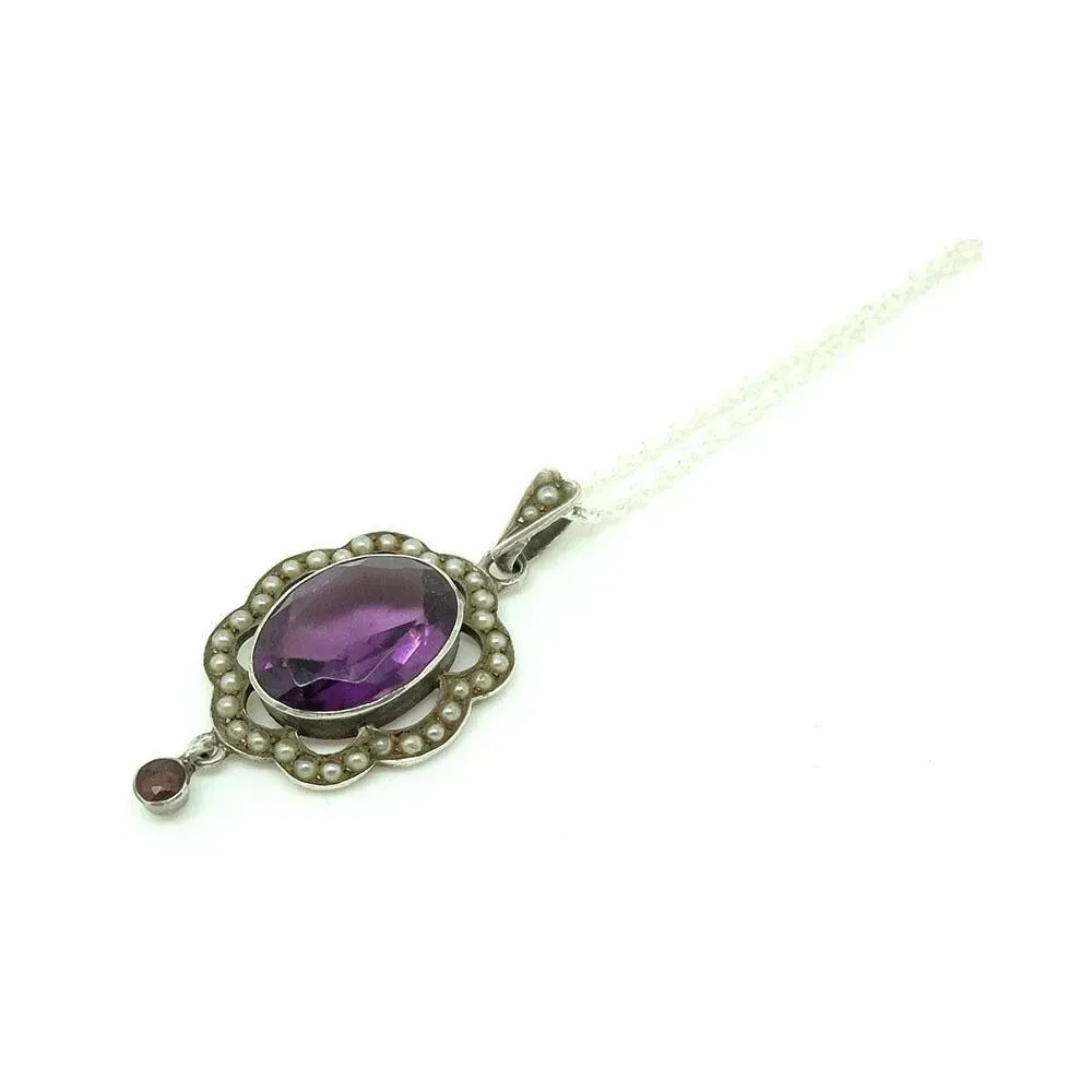 Antique Edwardian 1910 Amethyst Glass Sterling Silver Necklace