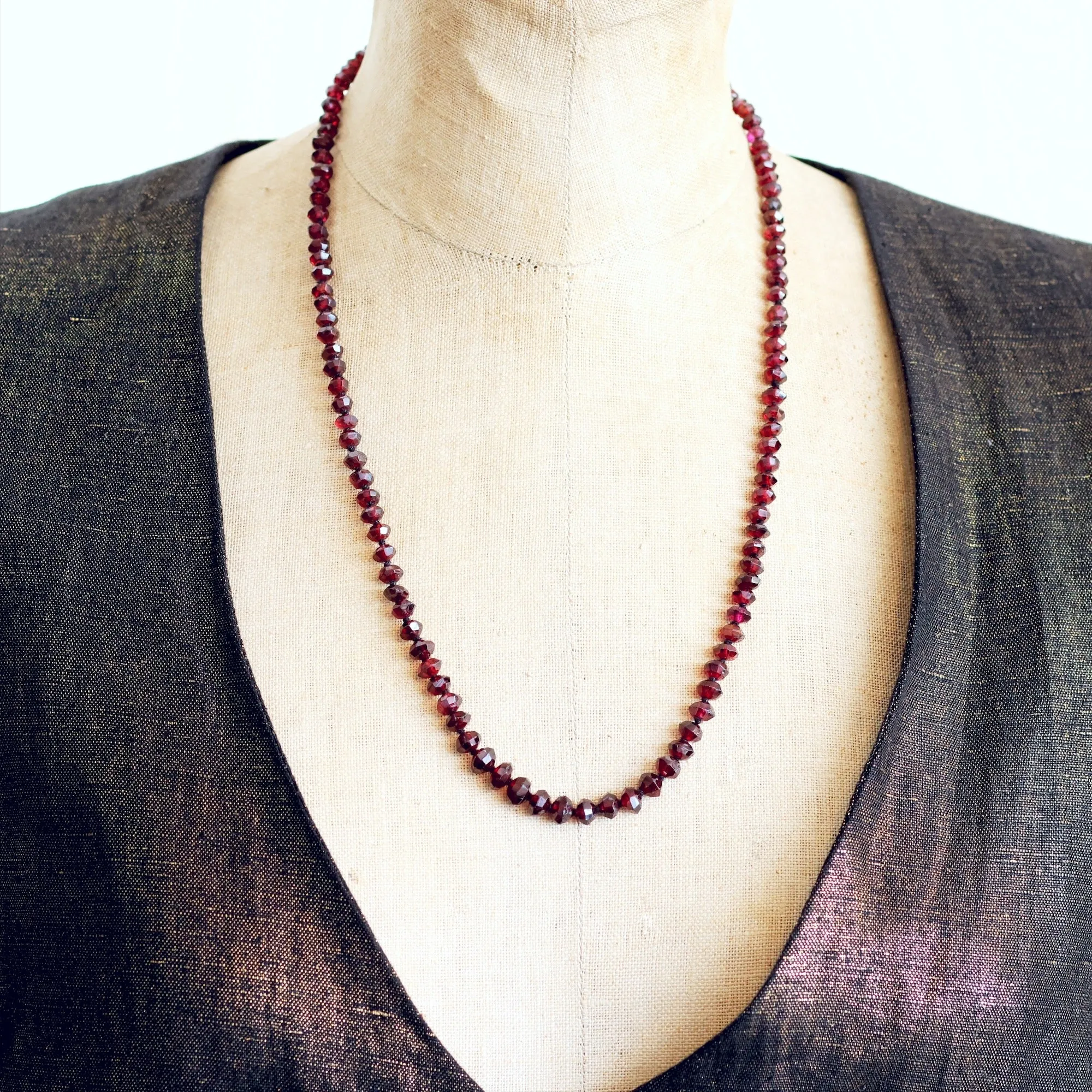 Antique Hand Faceted Bohemian Garnet Bead Necklace