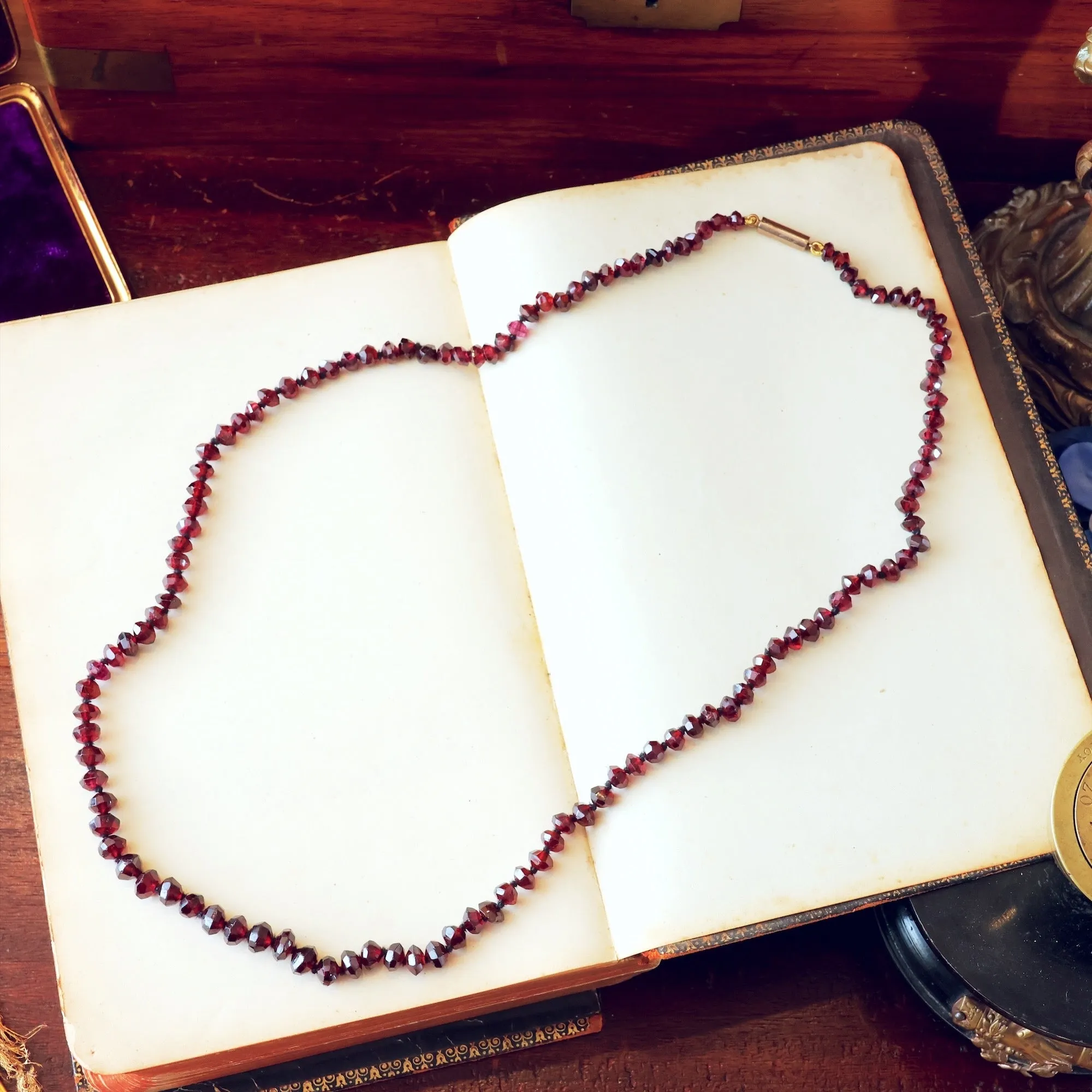 Antique Hand Faceted Bohemian Garnet Bead Necklace