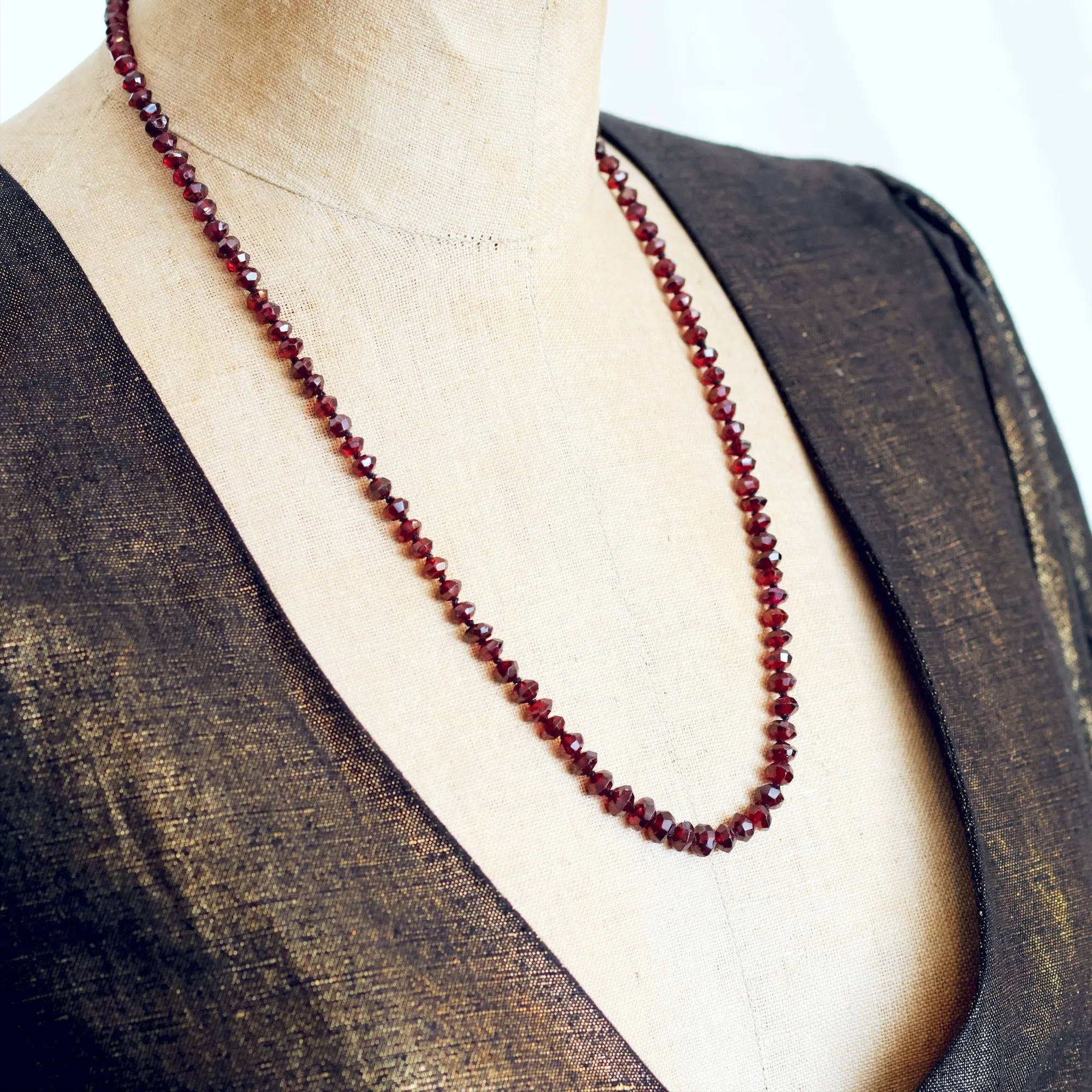 Antique Hand Faceted Bohemian Garnet Bead Necklace