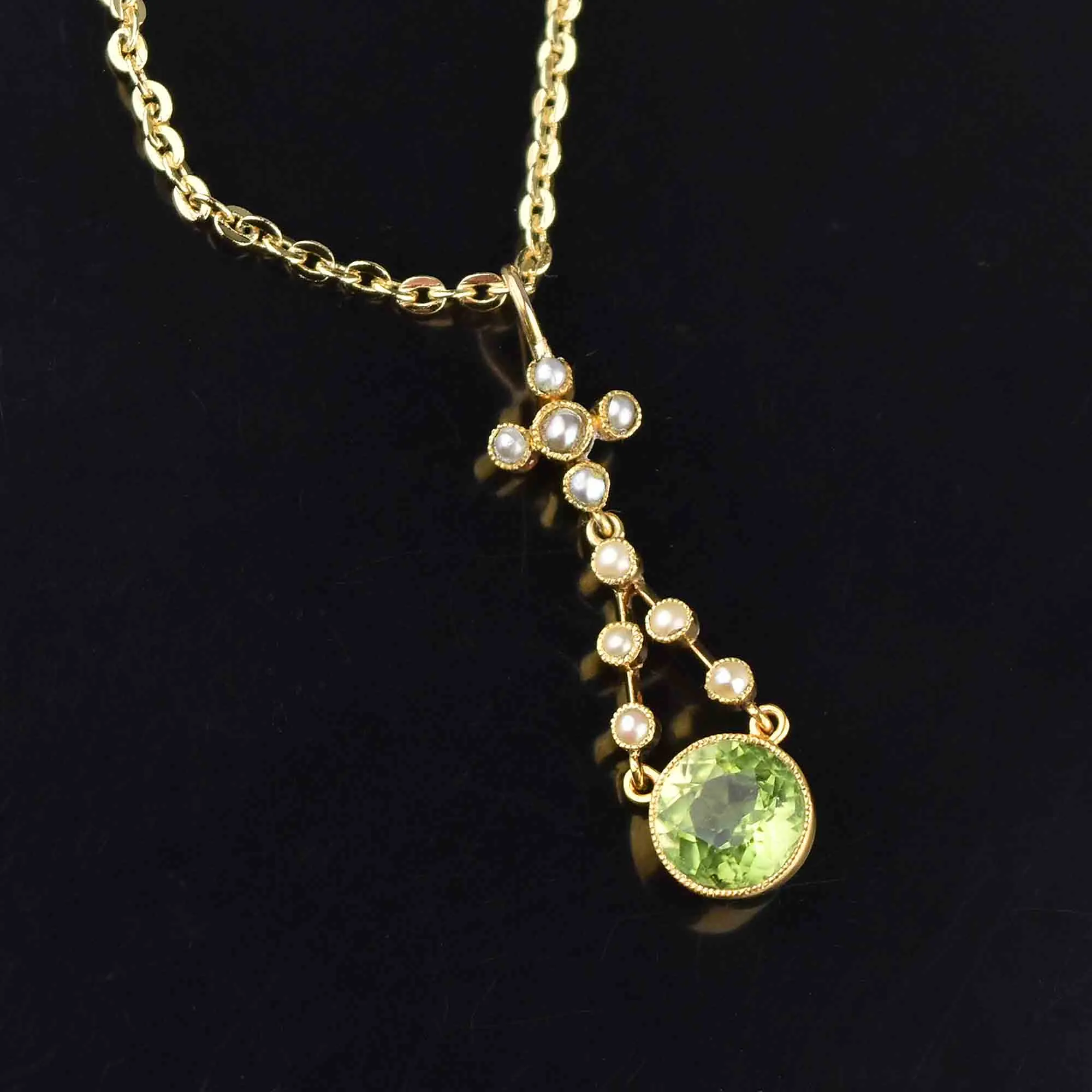 Antique Victorian 15K Gold Seed Pearl Peridot Pendant