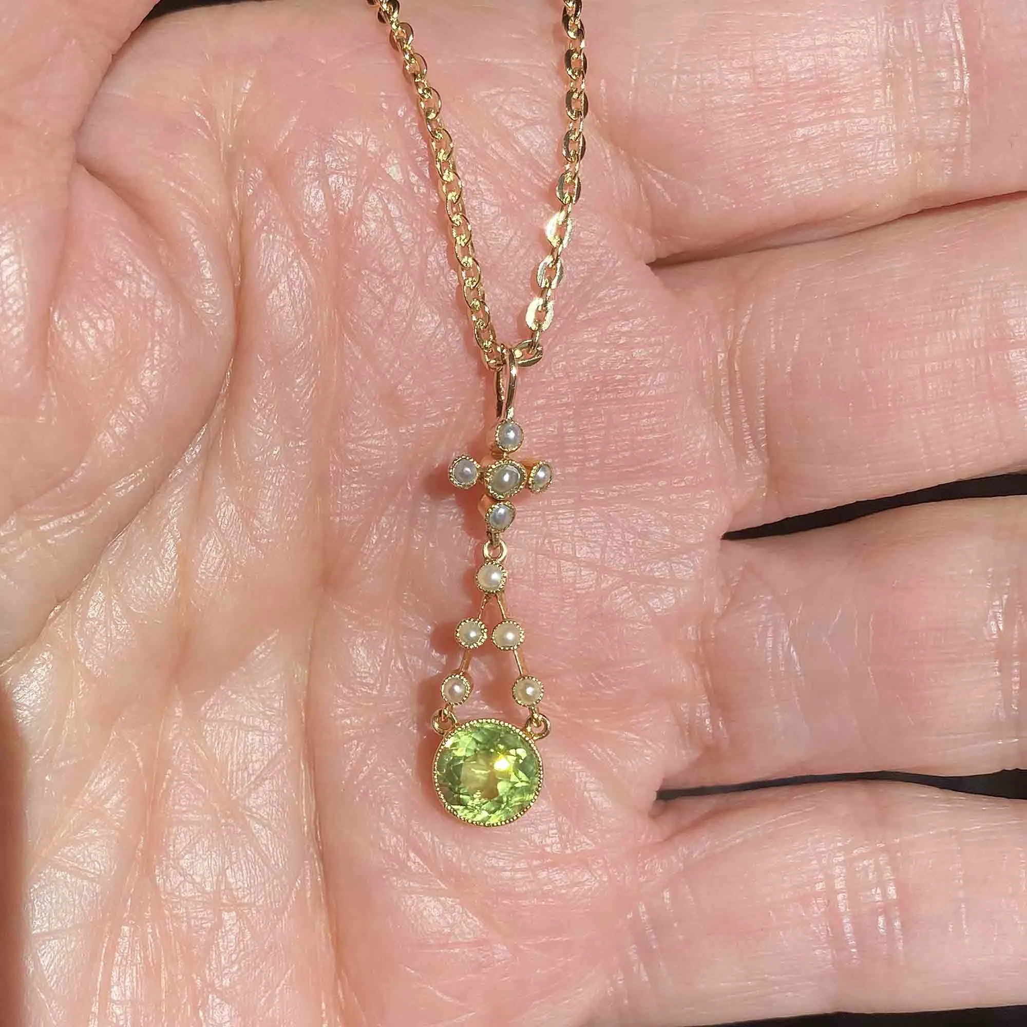 Antique Victorian 15K Gold Seed Pearl Peridot Pendant