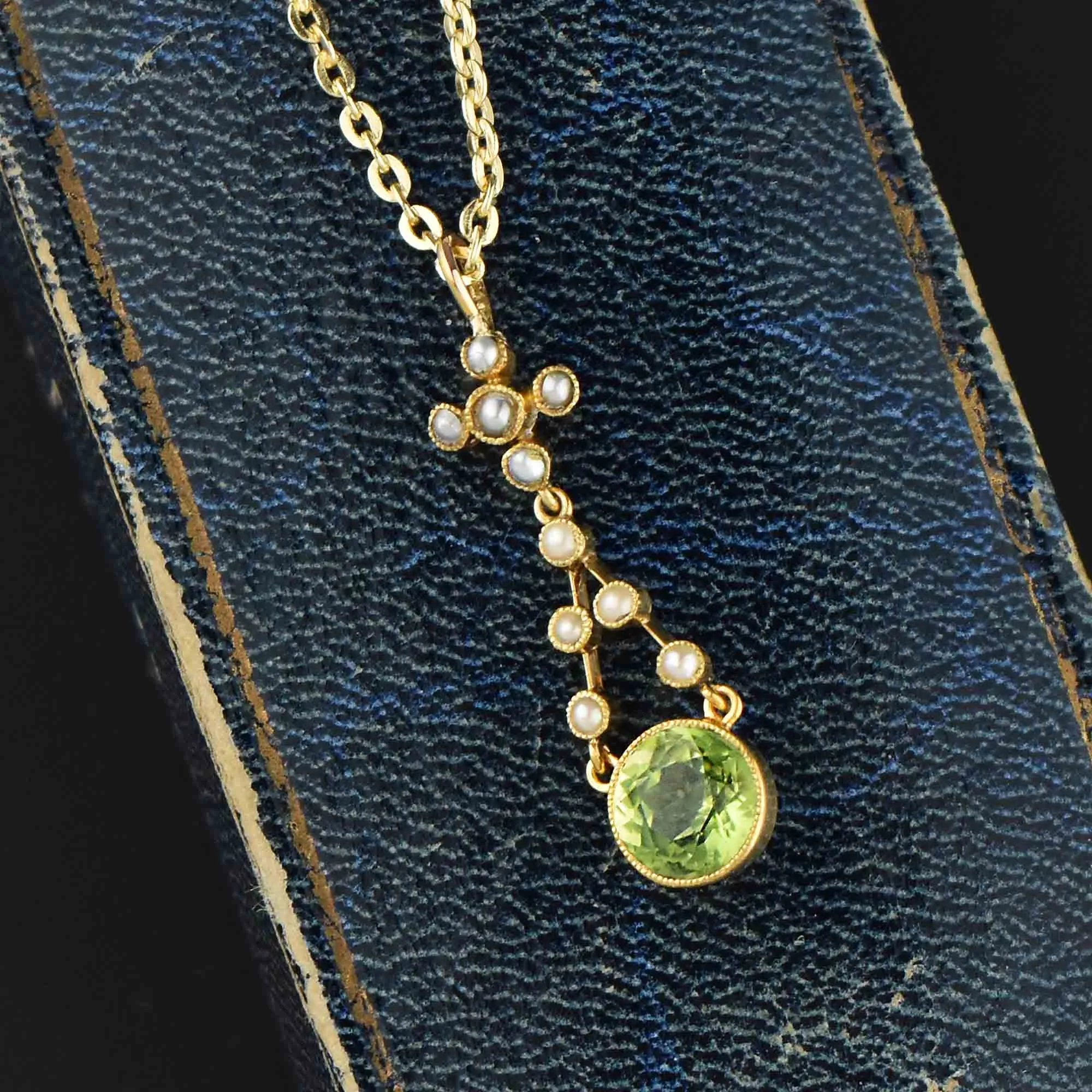 Antique Victorian 15K Gold Seed Pearl Peridot Pendant