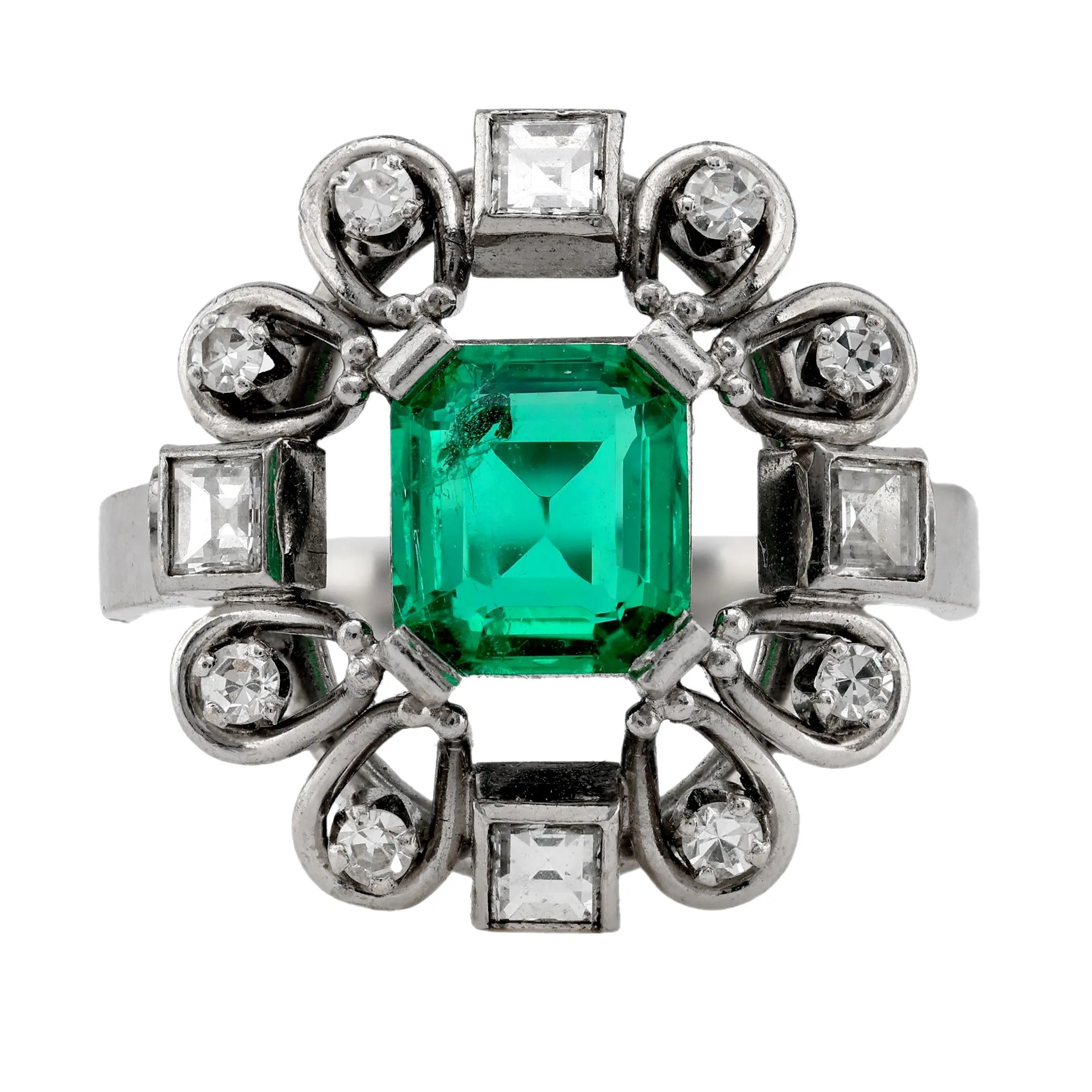 Art Deco GIA Octagonal Cut Emerald Diamond 18K White Gold Ring