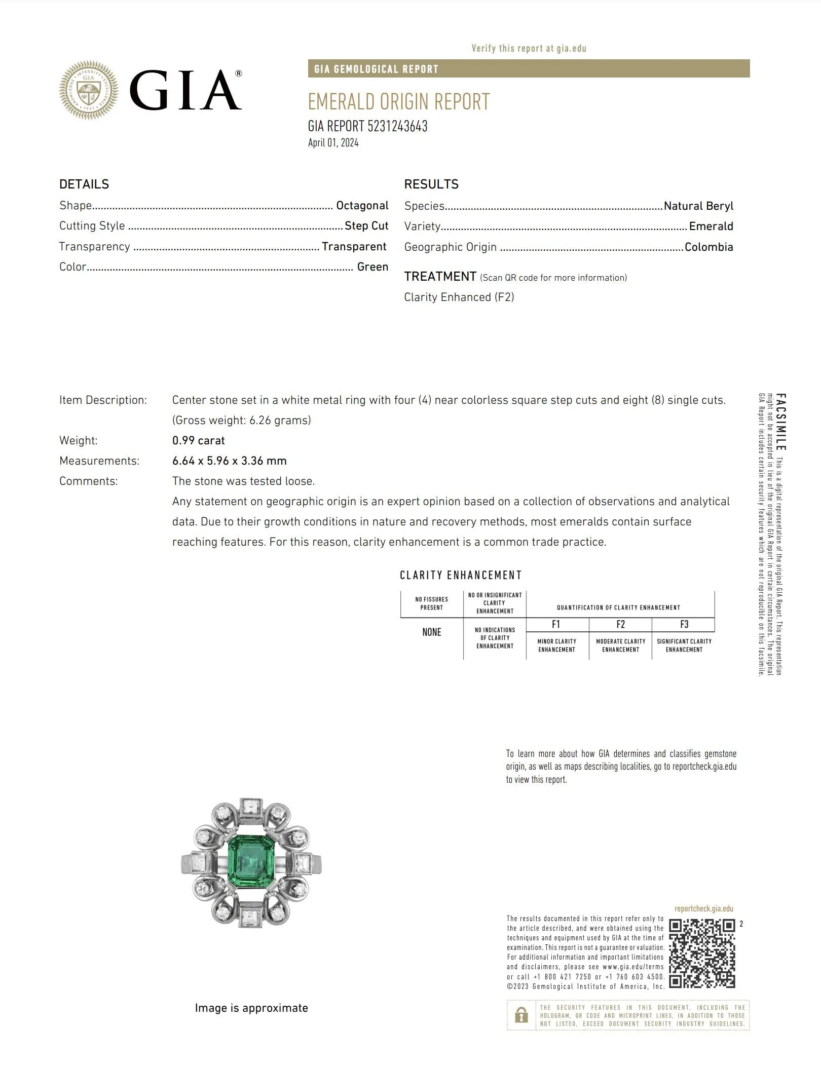 Art Deco GIA Octagonal Cut Emerald Diamond 18K White Gold Ring