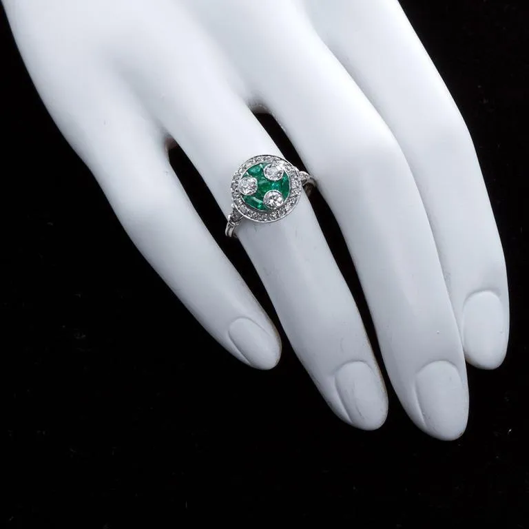 Art Deco Three Stone Diamond & Emerald Ring