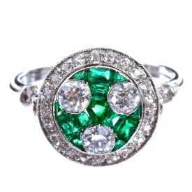 Art Deco Three Stone Diamond & Emerald Ring