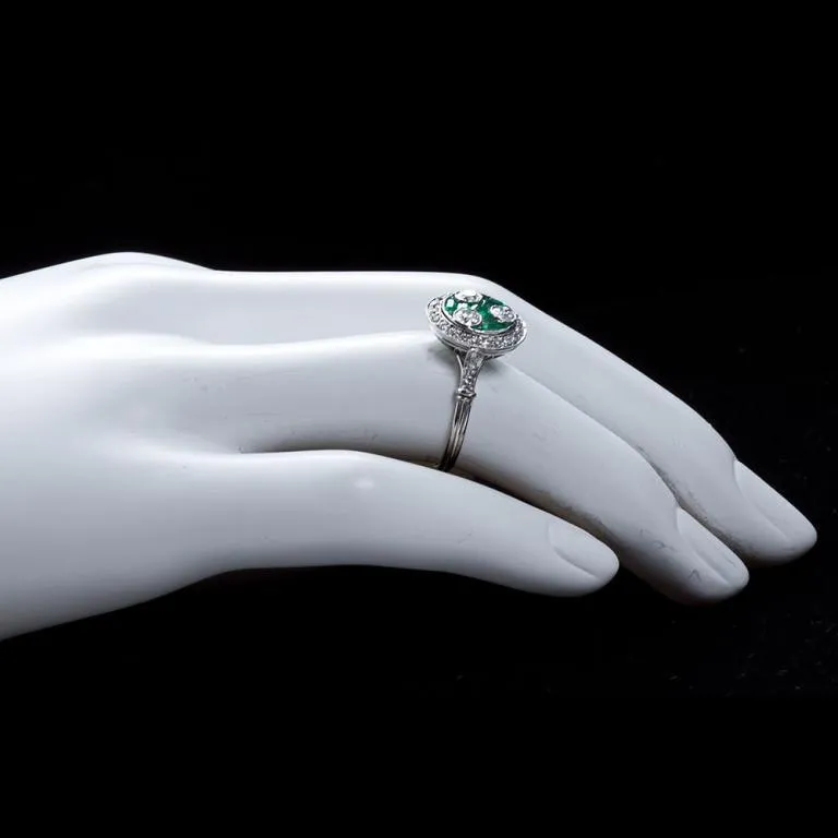 Art Deco Three Stone Diamond & Emerald Ring