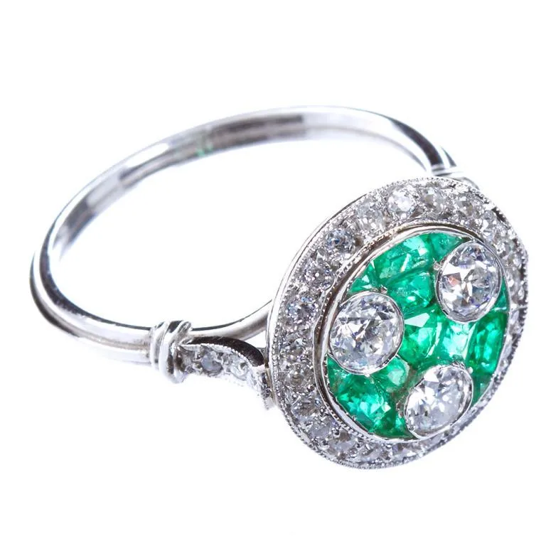 Art Deco Three Stone Diamond & Emerald Ring